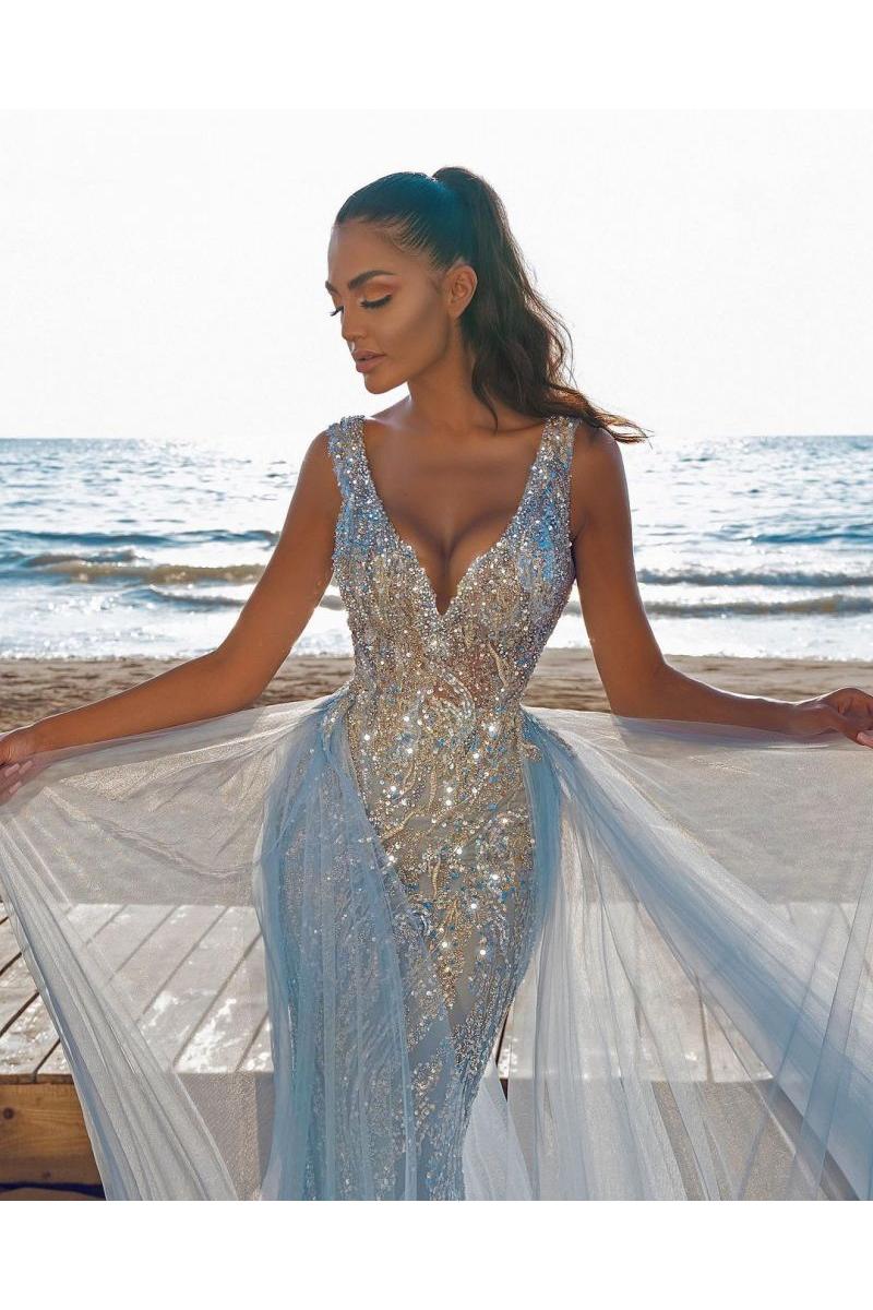 Elegant V-Neck Slim Prom Party Gowns with Detachable Train Mermaid Evening Dress - Image 2