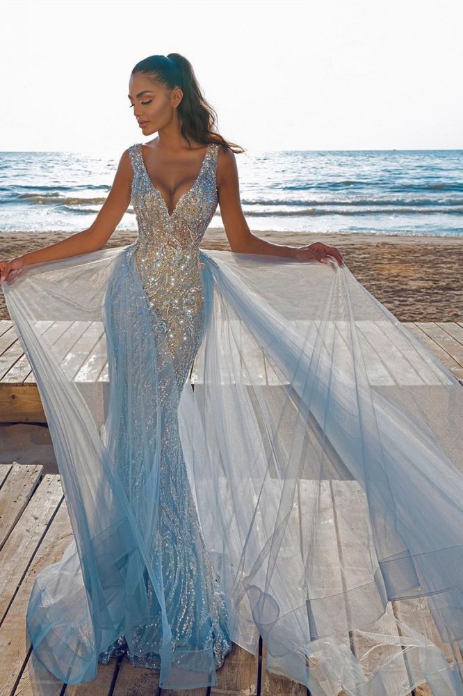 Elegant V-Neck Slim Prom Party Gowns with Detachable Train Mermaid Evening Dress - Image 4