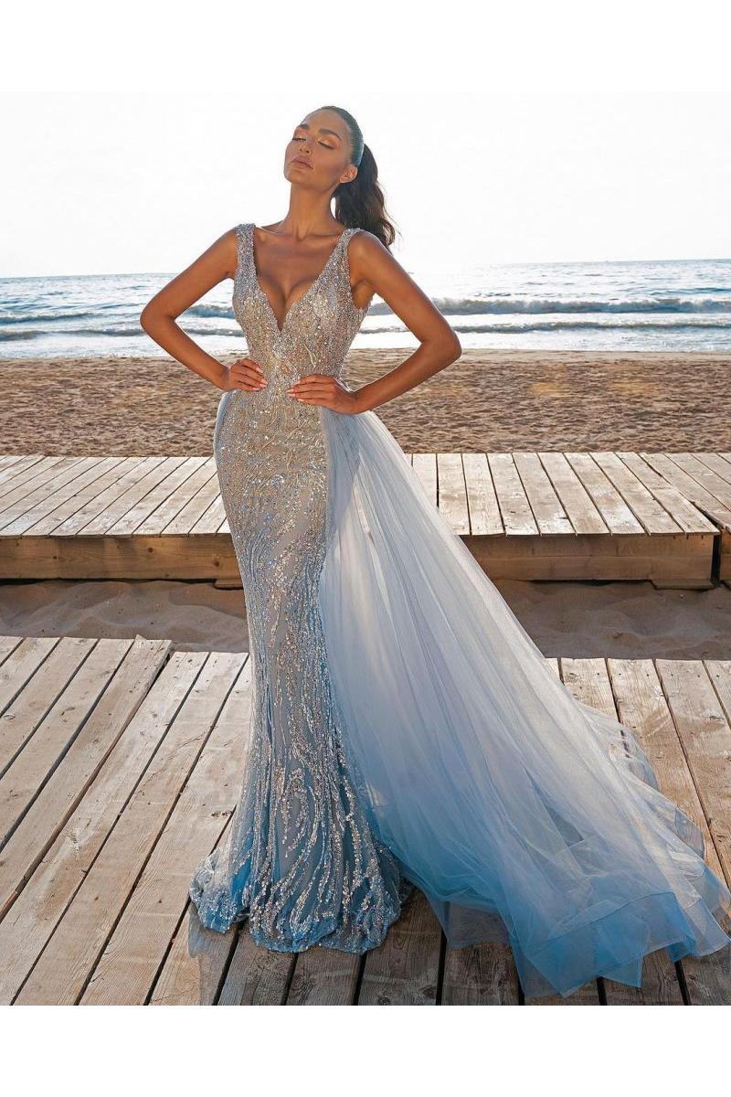 Elegant V-Neck Slim Prom Party Gowns with Detachable Train Mermaid Evening Dress - Image 6