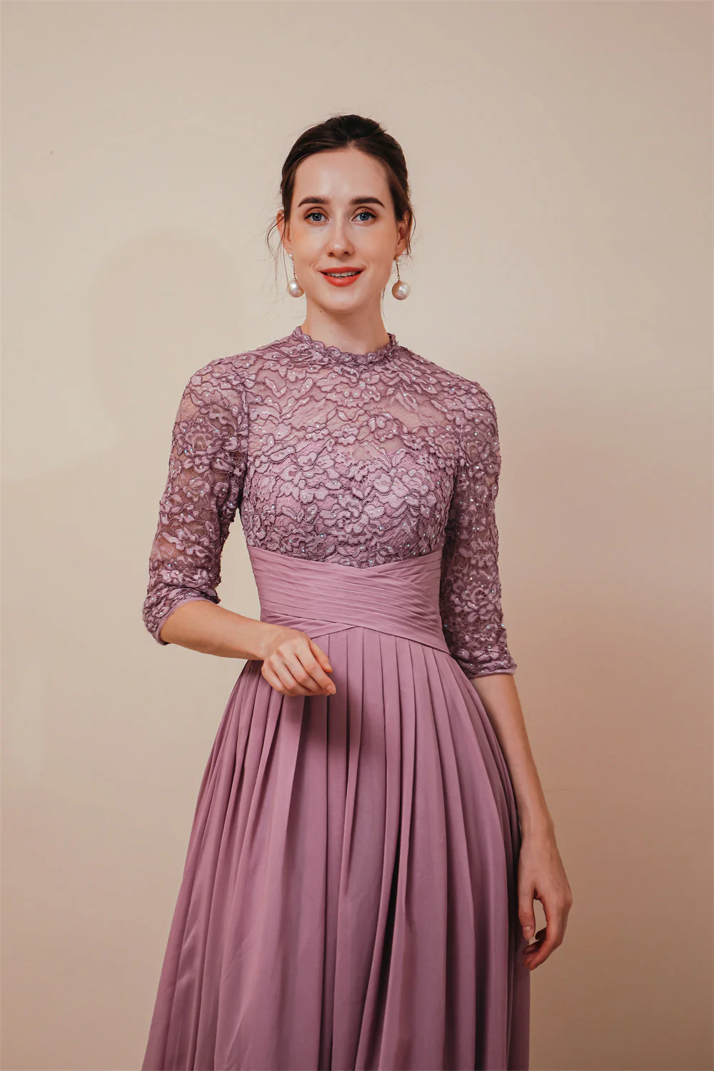 Elegant Violet 3/4 sleeves High waist Beaded Lace Chiffon Evening Dress - Image 3