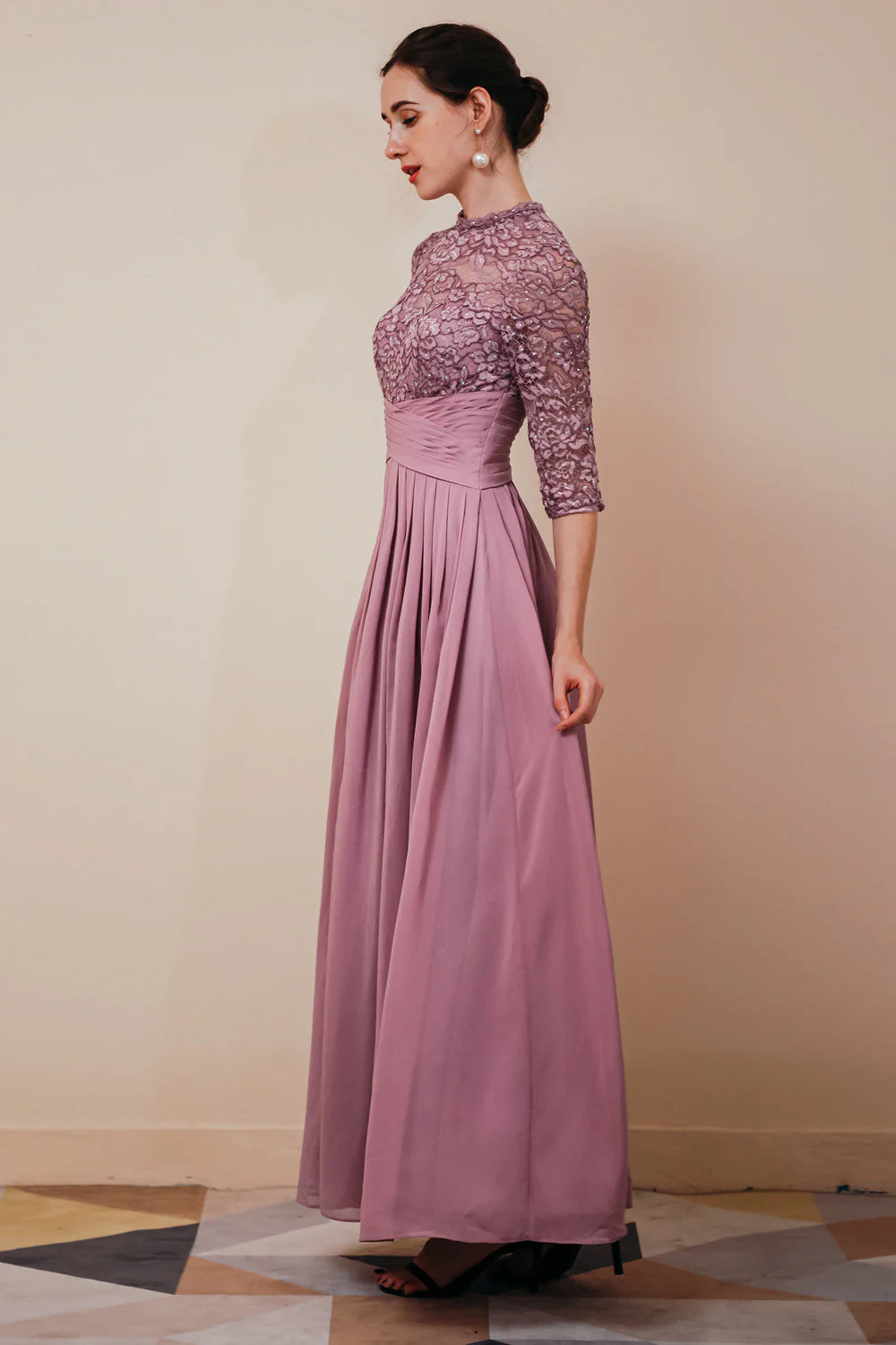 Elegant Violet 3/4 sleeves High waist Beaded Lace Chiffon Evening Dress - Image 4
