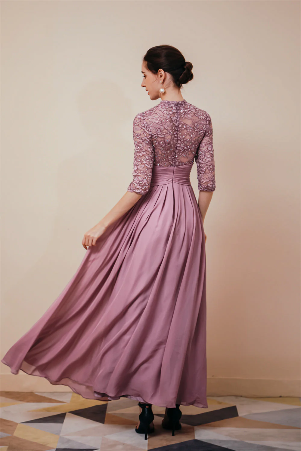 Elegant Violet 3/4 sleeves High waist Beaded Lace Chiffon Evening Dress - Image 5