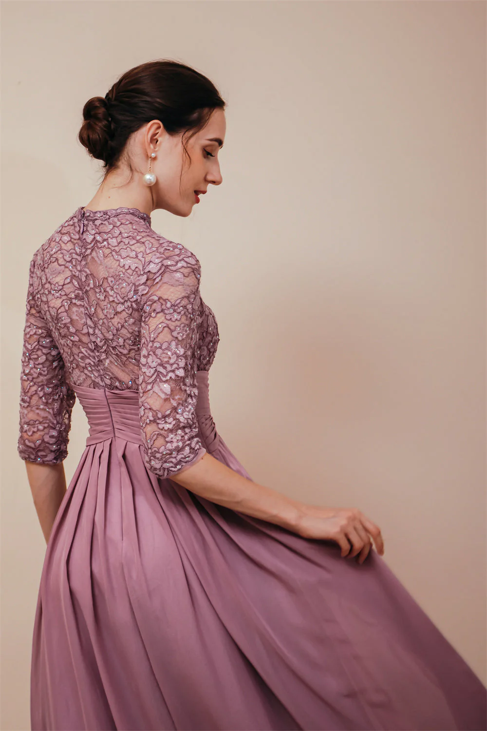 Elegant Violet 3/4 sleeves High waist Beaded Lace Chiffon Evening Dress - Image 6
