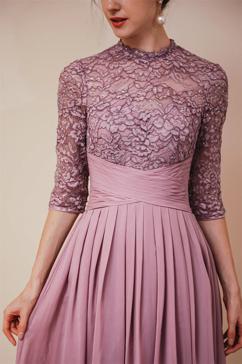 Elegant Violet 3/4 sleeves High waist Beaded Lace Chiffon Evening Dress - Image 7