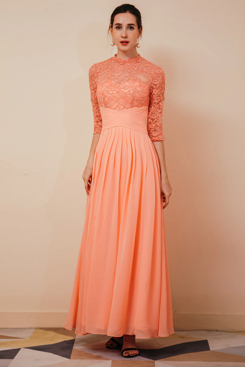 Elegant Violet 3/4 sleeves High waist Beaded Lace Chiffon Evening Dress - Image 8