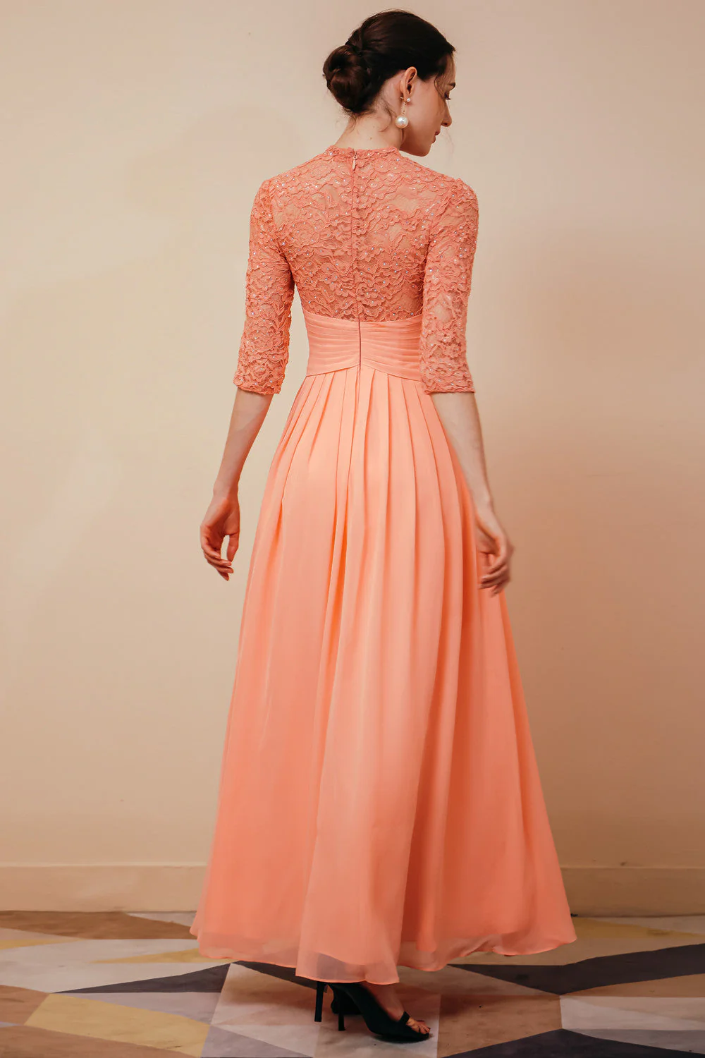 Elegant Violet 3/4 sleeves High waist Beaded Lace Chiffon Evening Dress - Image 9