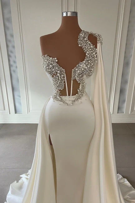 Gorgeous White A-line One Shoulder Graduation Dresses Long Glitter Prom Dresses With Split Online - Image 2