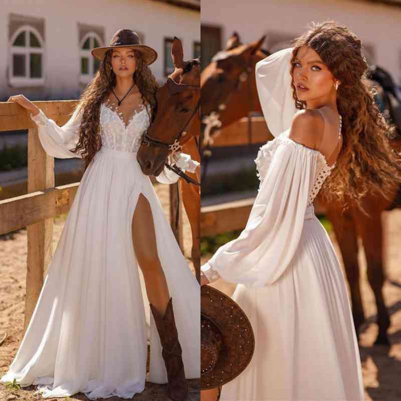 Elegant White Long Sleeves Prom Dress Slit Long With Lace Appliques - Image 5