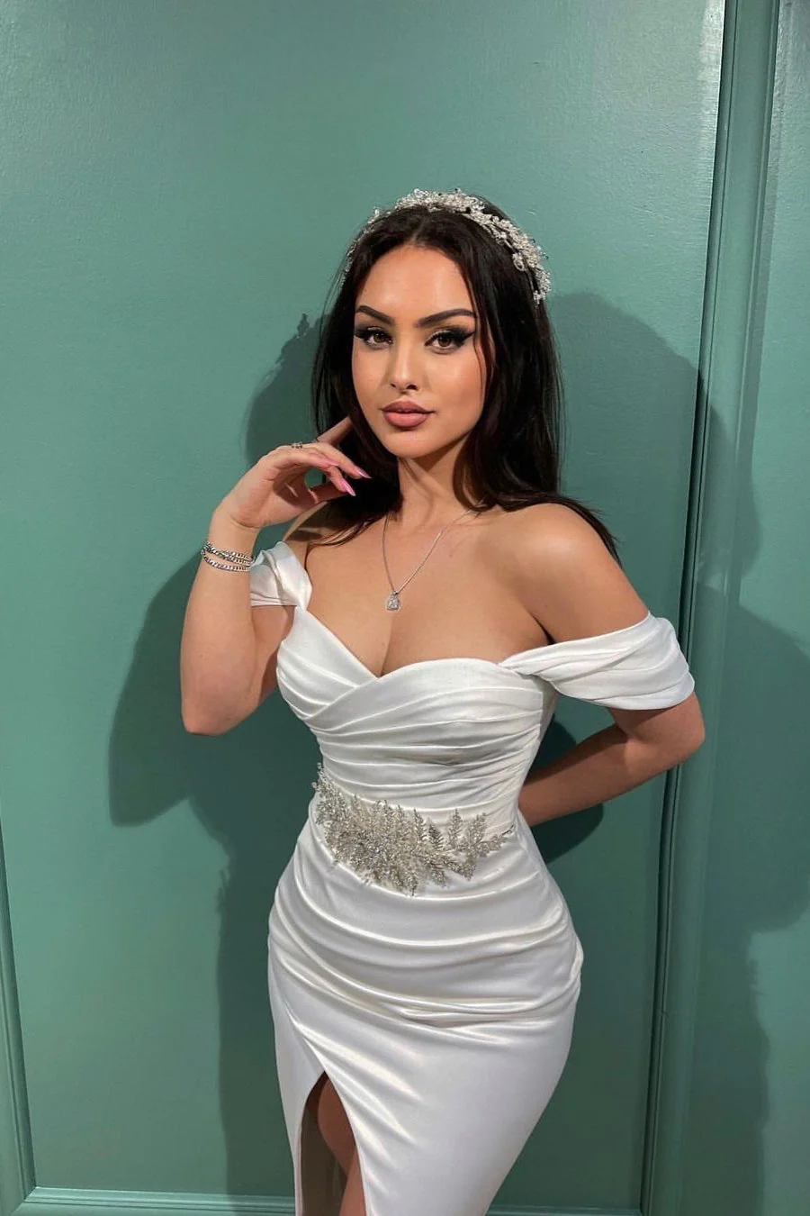 Charming White Mermaid Off-the-shoulder Sleeveless Evening Prom Dresses With Slit - Image 2