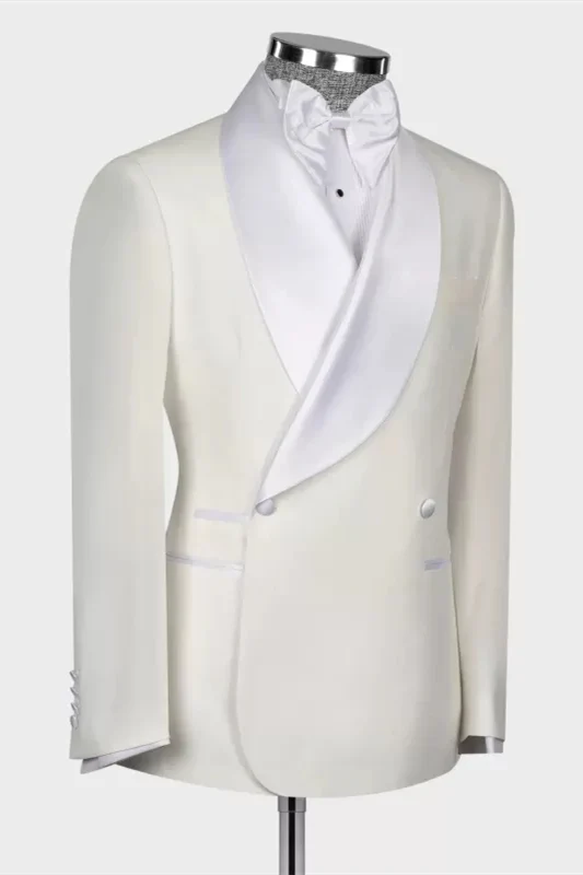 Elegant White Shawl Lapel Double-Breasted Wedding Suit - Image 2