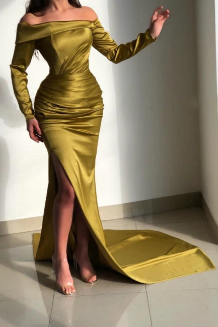 Glorious Yellow Off-the-shoulder Long-Sleeve Mermaid Long-Sleeve Evening Dresses - Image 2