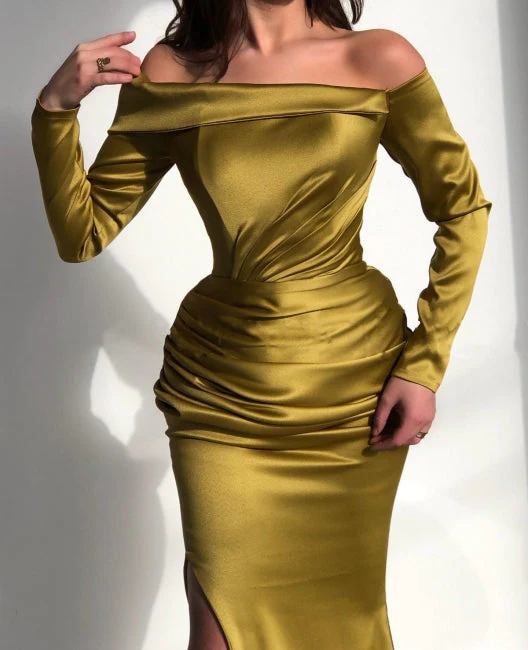 Glorious Yellow Off-the-shoulder Long-Sleeve Mermaid Long-Sleeve Evening Dresses - Image 3