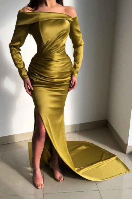 Glorious Yellow Off-the-shoulder Long-Sleeve Mermaid Long-Sleeve Evening Dresses - Image 4