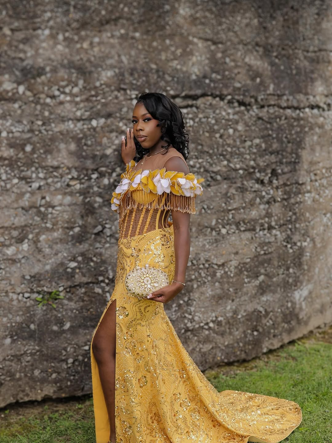 Elegant Yellow Off-The-Shoulder Short Sleeves Mermaid Prom Dresses Beads With High Split - Image 2