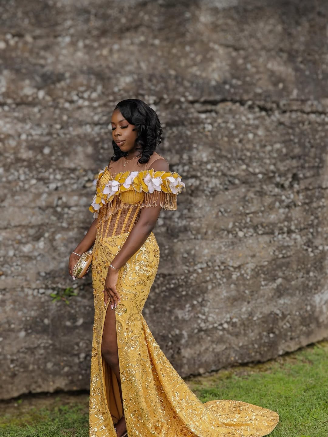 Elegant Yellow Off-The-Shoulder Short Sleeves Mermaid Prom Dresses Beads With High Split - Image 3