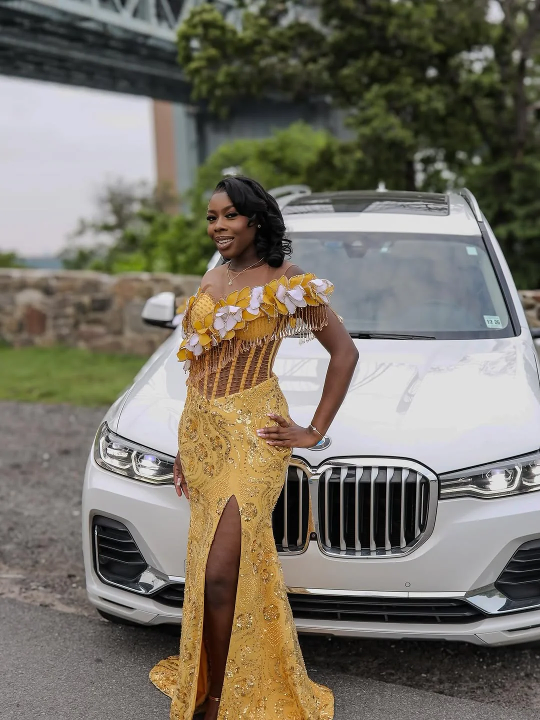 Elegant Yellow Off-The-Shoulder Short Sleeves Mermaid Prom Dresses Beads With High Split - Image 6
