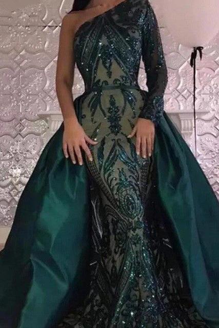 Emerald green Long Sleevess Mermaid One Shoulder Sequins Evening Dresses with Overskirt - Image 2