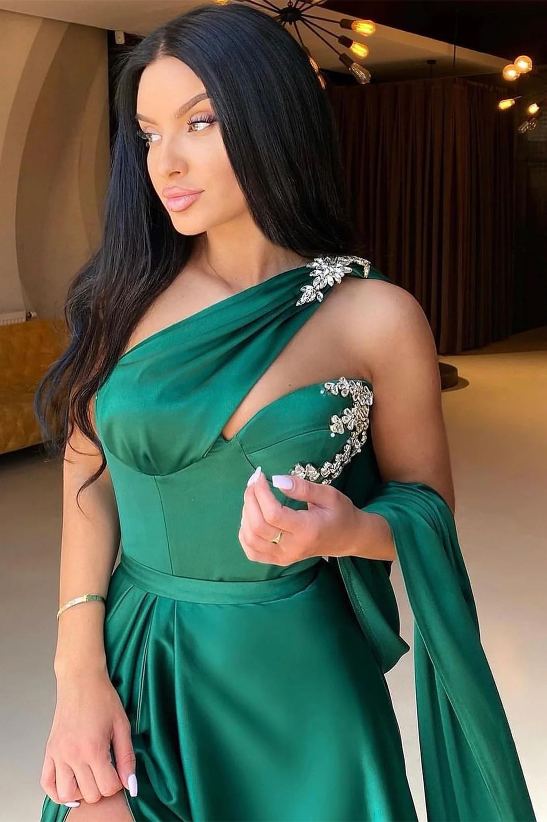 Emerald Green One Shoulder Evening Dress Long With Split Beads - Image 2