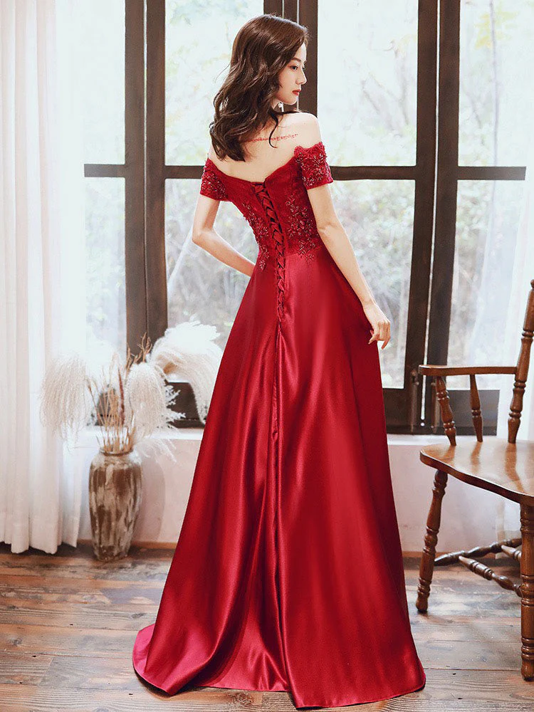 Glamorous Evening Dress A-Line Bateau Neck Floor-Length Short Sleeves Lace-up Beaded Matte Satin evening dress - Image 2
