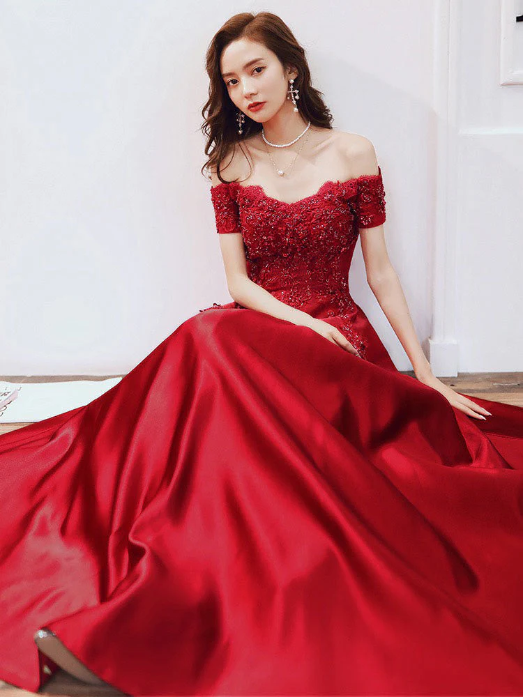 Glamorous Evening Dress A-Line Bateau Neck Floor-Length Short Sleeves Lace-up Beaded Matte Satin evening dress - Image 5