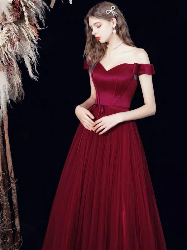 Amazing Evening Dress A-Line Bateau Neck Satin Fabric Floor-Length Formal Dinner Dresses Burgundy Pageant Dress - Image 4