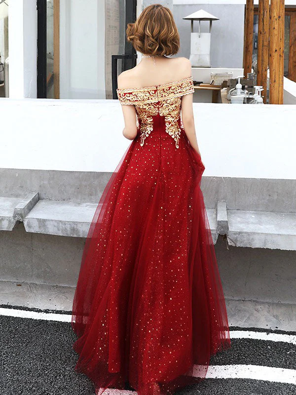 Modern Evening Dress A-Line Bateau Neck Tulle Floor-Length Sequins Sequined Dress - Image 2