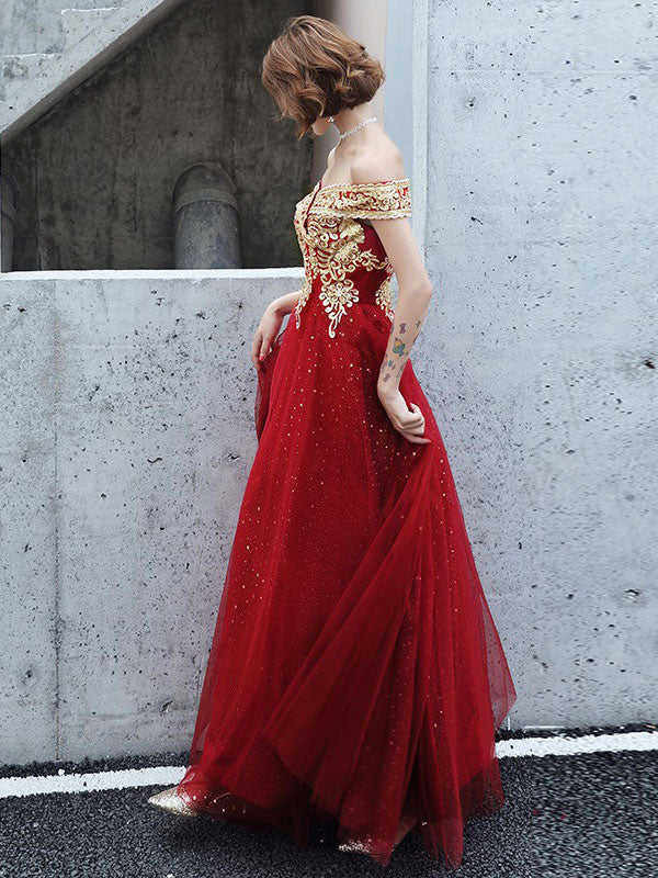 Modern Evening Dress A-Line Bateau Neck Tulle Floor-Length Sequins Sequined Dress - Image 4