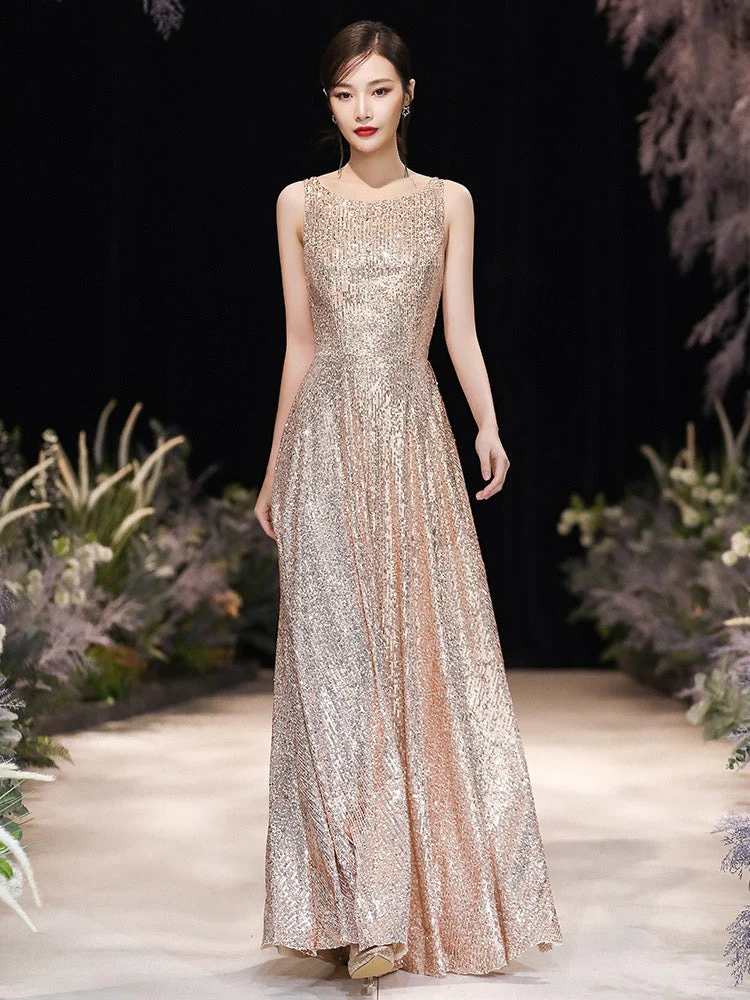 Modern Evening Dress A-Line Jewel Neck Floor-Length Sleeveless Zipper Sequined evening dress - Image 2