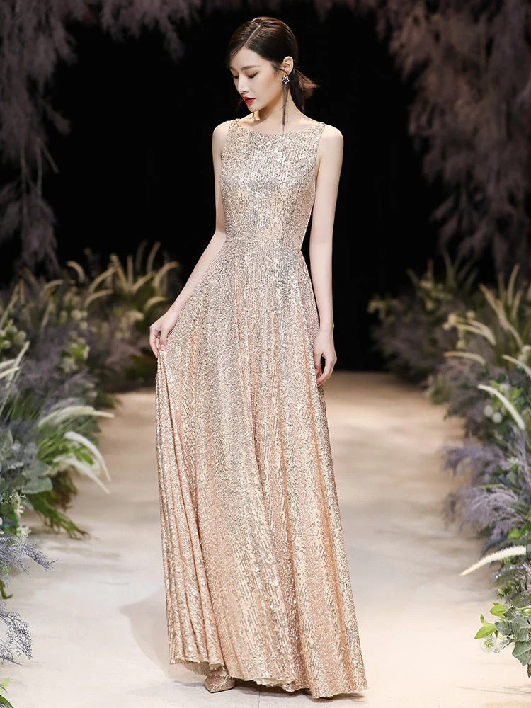 Modern Evening Dress A-Line Jewel Neck Floor-Length Sleeveless Zipper Sequined evening dress - Image 3