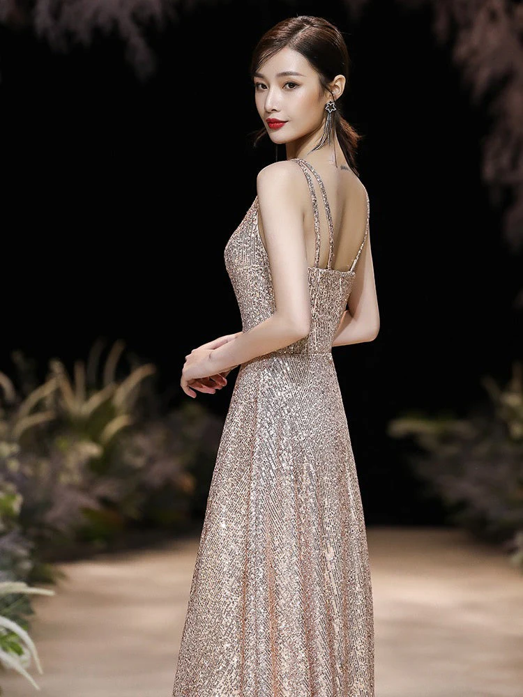 Modern Evening Dress A-Line Jewel Neck Floor-Length Sleeveless Zipper Sequined evening dress - Image 4