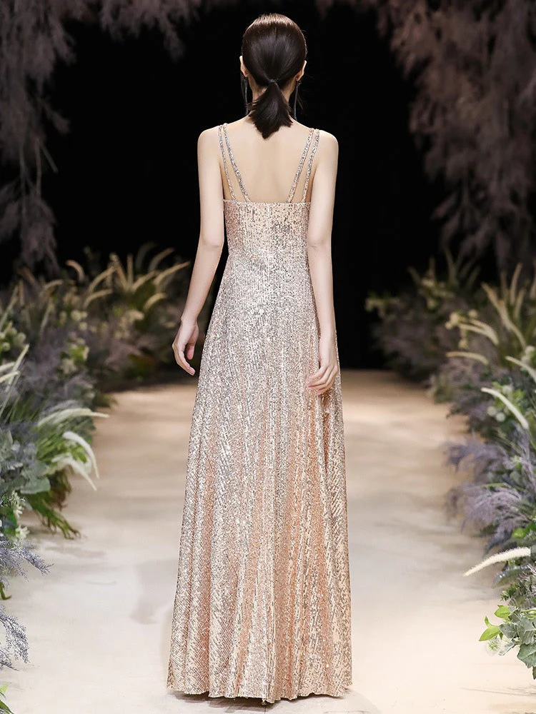 Modern Evening Dress A-Line Jewel Neck Floor-Length Sleeveless Zipper Sequined evening dress - Image 5