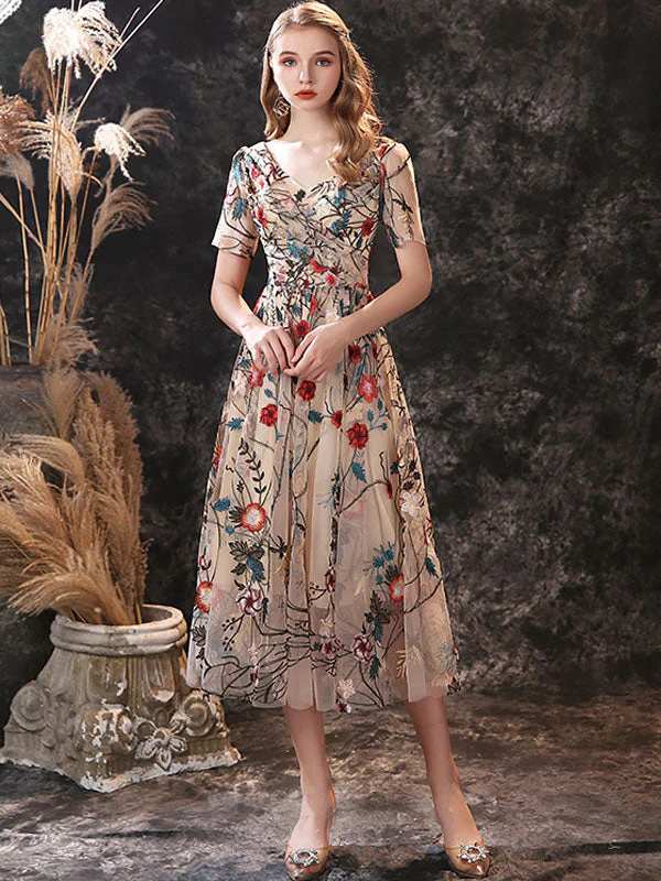 Gorgeous Evening Dress A-Line Jewel Neck Lace Tea-Length Social Pageant Dresses - Image 5