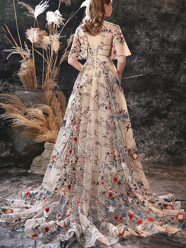 Stunning Evening Dress A-Line Jewel Neck Lace With Train Lace Social Party Dresses - Image 2