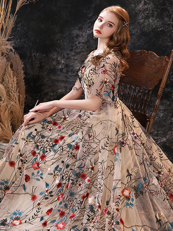 Stunning Evening Dress A-Line Jewel Neck Lace With Train Lace Social Party Dresses - Image 3