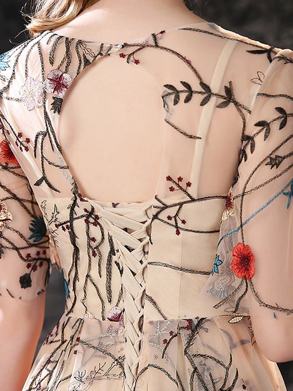 Stunning Evening Dress A-Line Jewel Neck Lace With Train Lace Social Party Dresses - Image 4