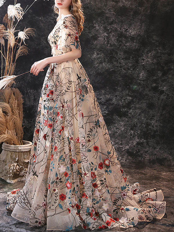 Stunning Evening Dress A-Line Jewel Neck Lace With Train Lace Social Party Dresses - Image 5