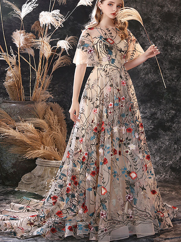 Stunning Evening Dress A-Line Jewel Neck Lace With Train Lace Social Party Dresses - Image 9