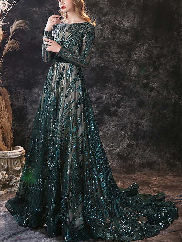 Gorgeous Evening Dress A-Line Jewel Neck With Train Long Sleeves Zipper Lace Lace Formal Party Dresses - Image 4