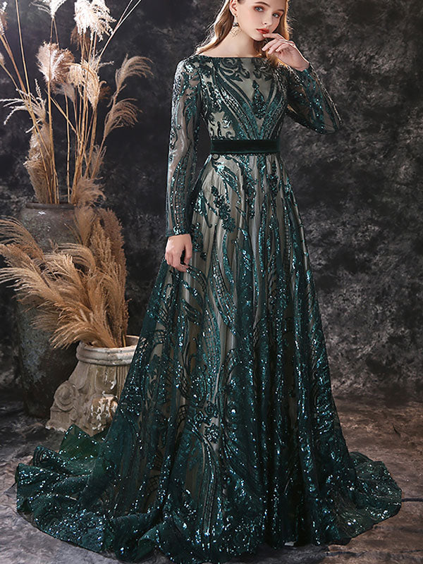 Gorgeous Evening Dress A-Line Jewel Neck With Train Long Sleeves Zipper Lace Lace Formal Party Dresses - Image 5