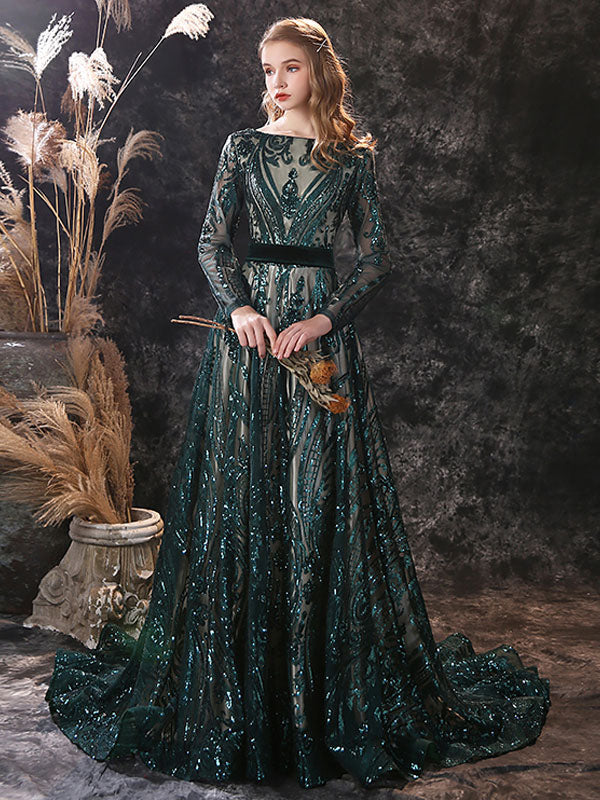 Gorgeous Evening Dress A-Line Jewel Neck With Train Long Sleeves Zipper Lace Lace Formal Party Dresses - Image 7