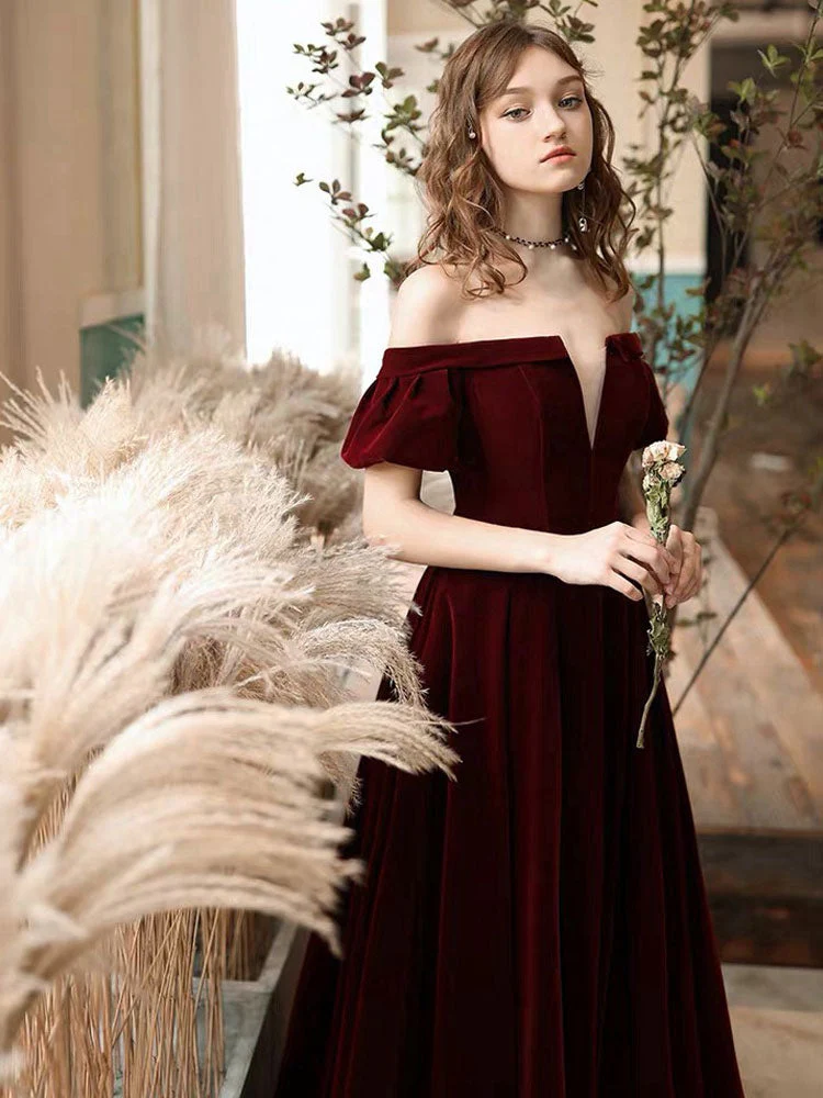 Stunning Evening Dress A Line Off The Shoulder Short Sleeves Floor Length Laceup Pockets Velour Formal Dinner Dresses - Image 2