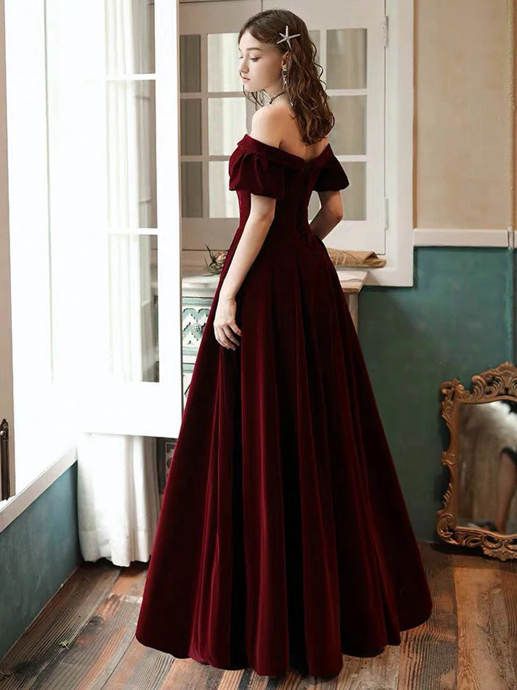 Stunning Evening Dress A Line Off The Shoulder Short Sleeves Floor Length Laceup Pockets Velour Formal Dinner Dresses - Image 3