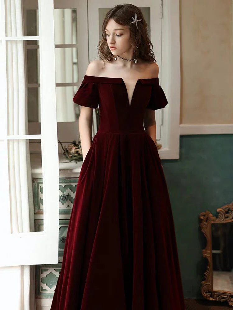 Stunning Evening Dress A Line Off The Shoulder Short Sleeves Floor Length Laceup Pockets Velour Formal Dinner Dresses - Image 4