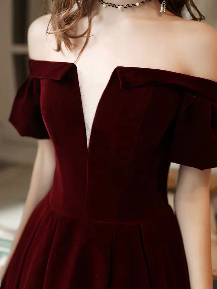 Stunning Evening Dress A Line Off The Shoulder Short Sleeves Floor Length Laceup Pockets Velour Formal Dinner Dresses - Image 5