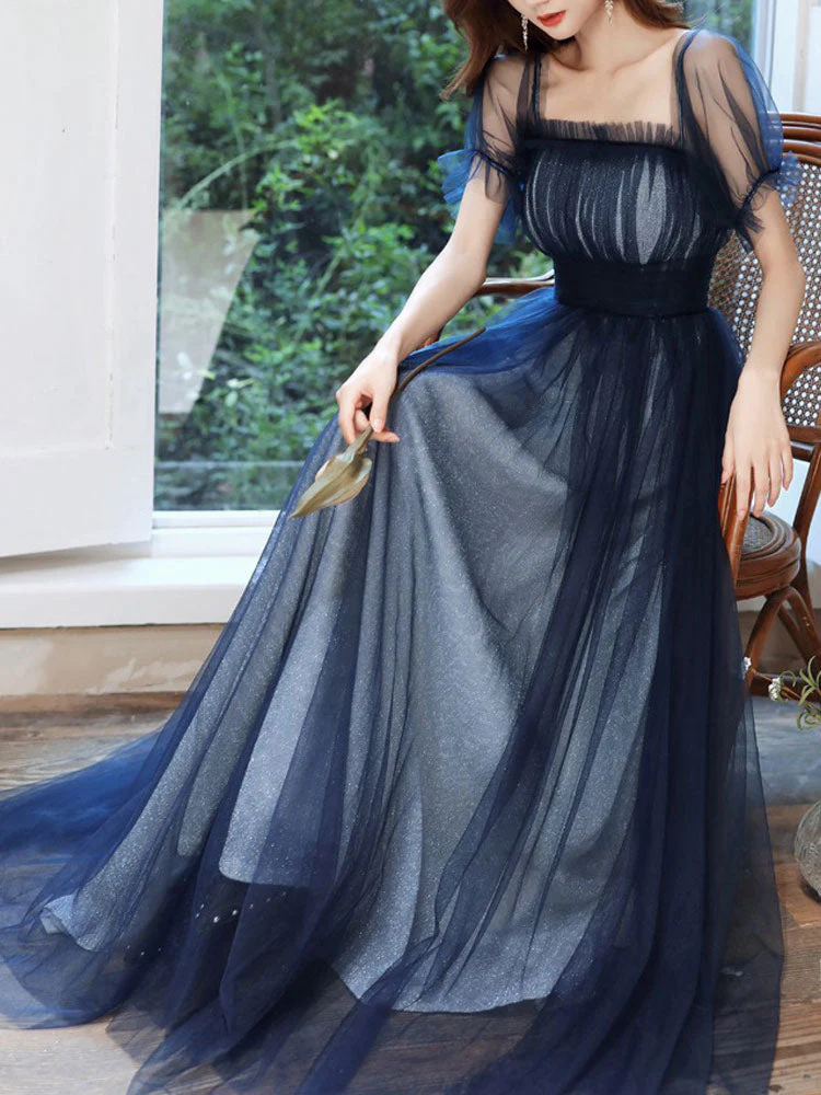 Amazing Evening Dress A-Line Square Neck Floor-Length Short Sleeves Zipper Pleated Tulle Formal Dinner Dresses Pageant Dress - Image 2