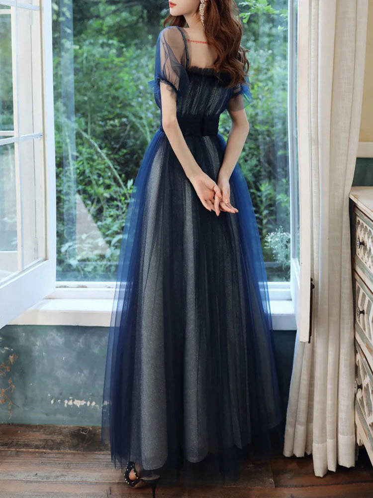 Amazing Evening Dress A-Line Square Neck Floor-Length Short Sleeves Zipper Pleated Tulle Formal Dinner Dresses Pageant Dress - Image 3