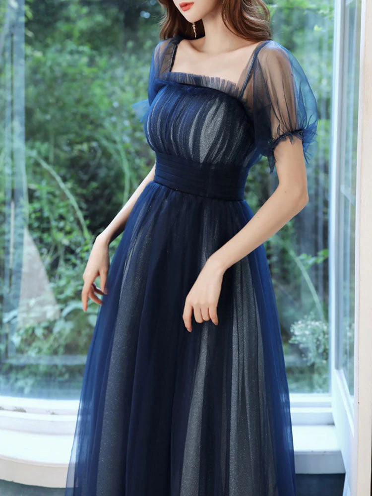 Amazing Evening Dress A-Line Square Neck Floor-Length Short Sleeves Zipper Pleated Tulle Formal Dinner Dresses Pageant Dress - Image 4