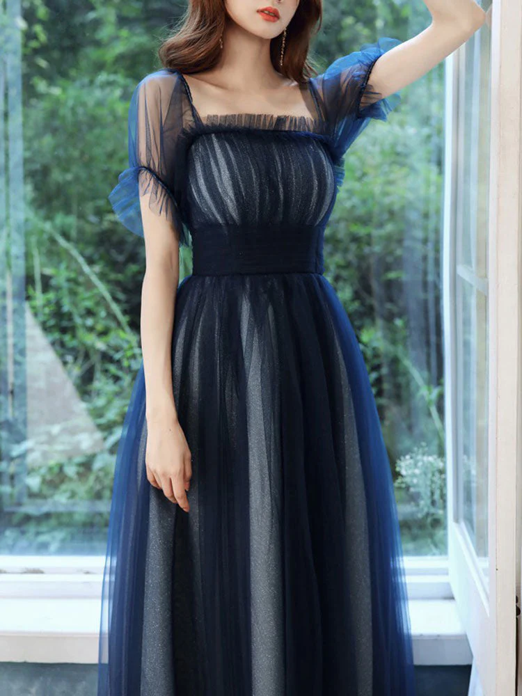 Amazing Evening Dress A-Line Square Neck Floor-Length Short Sleeves Zipper Pleated Tulle Formal Dinner Dresses Pageant Dress - Image 5