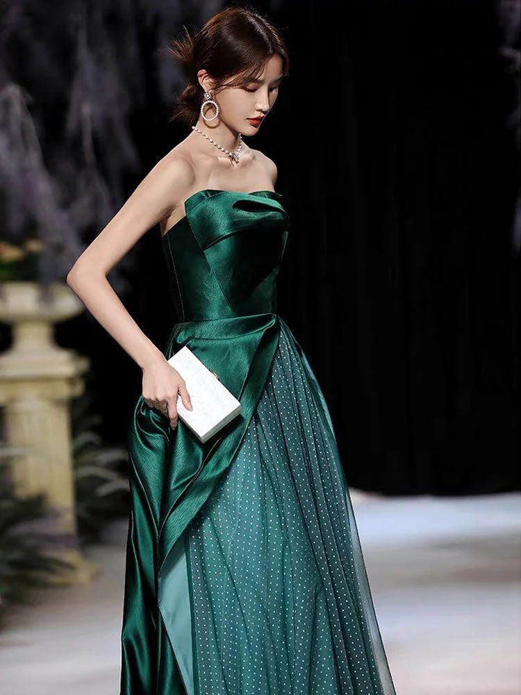 Modern Evening Dress A-Line Strapless Satin Fabric Floor-Length Pleated Formal Party Dresses Forest Green Pageant Dress - Image 2