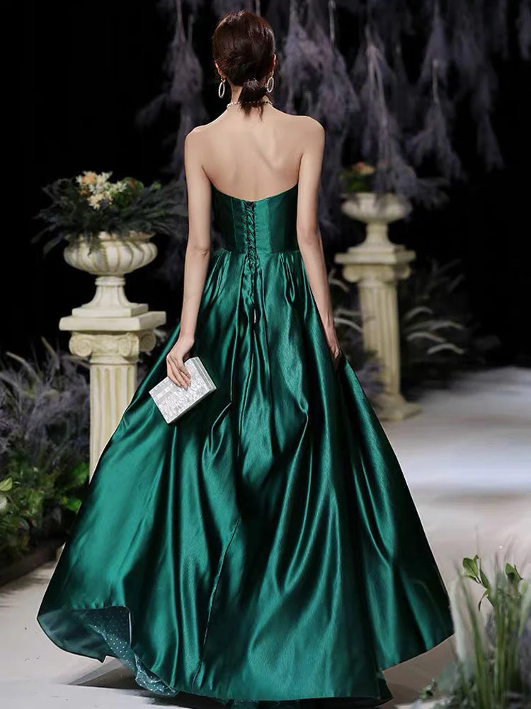 Modern Evening Dress A-Line Strapless Satin Fabric Floor-Length Pleated Formal Party Dresses Forest Green Pageant Dress - Image 3